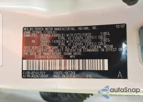 2008 Toyota Sequoia Platinum 5.7L V8 z USA, uszkodzony, nr VIN 5TDBY67A38S003552